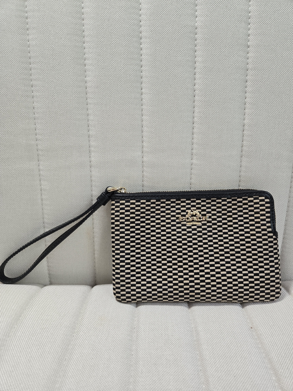 Coach Black & Cream Woven Wristlet Clutch with Gold Logo